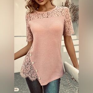 Women’s Lace Sleeve Salmon Pink Shirt Blouse Buttons Size Small / Medium *read